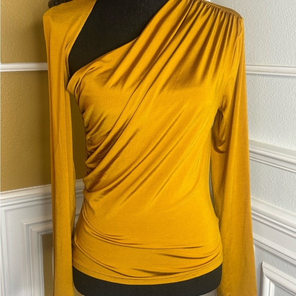 Asymmetric Ruched Long-Sleeve Jersey Top Elegant Mustard One-Shoulder Top SZ-10 - Picture 4 of 16